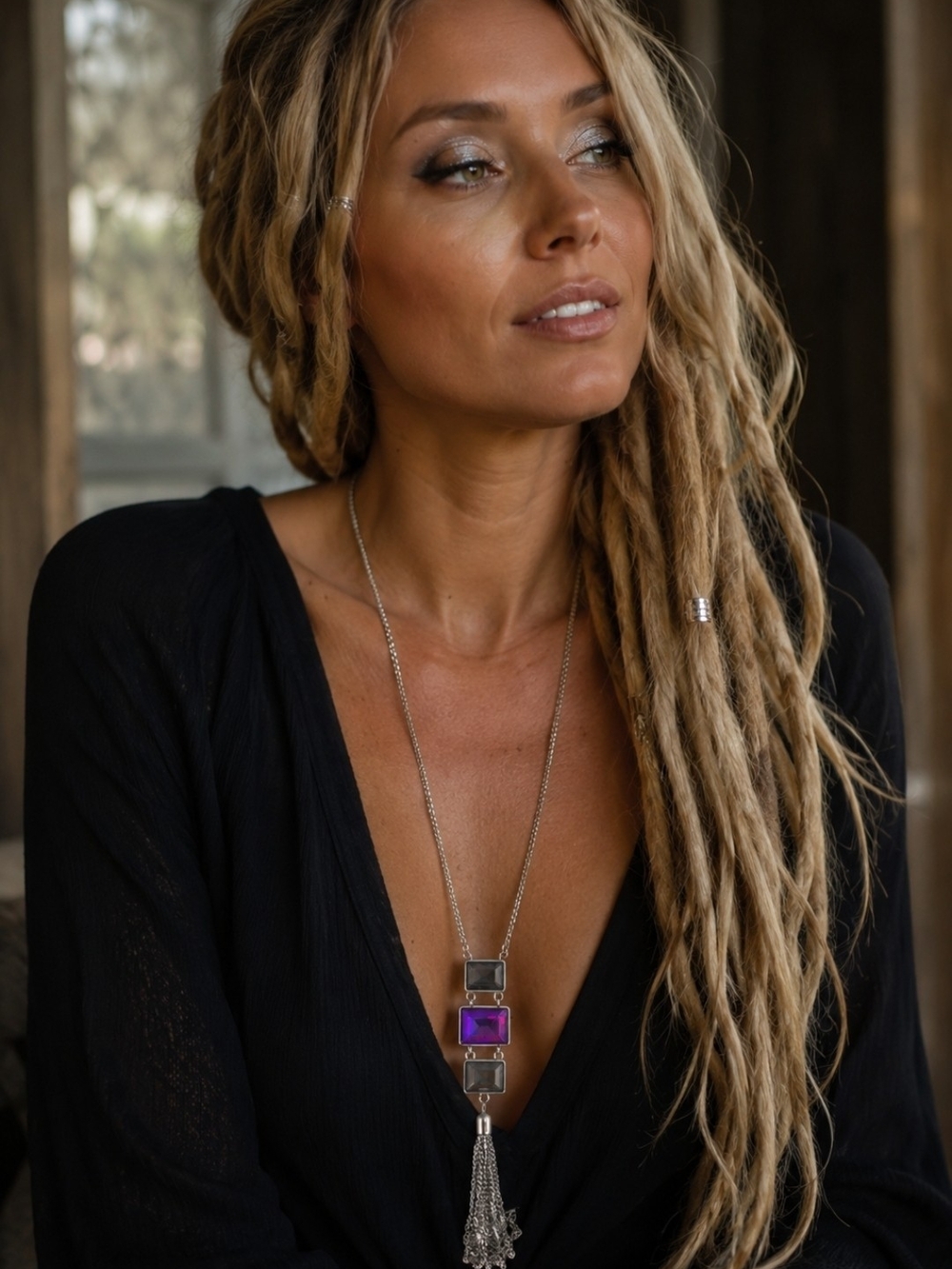 4/$15 Silver Tone Chain Purple Glass Pendant Necklace w Tassel Bohemian Jewelry